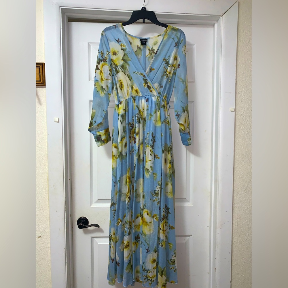 Light blue and yellow detail sun dress, long, and thick shear !